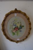A pair of studies of flowers, watercolour, oval in decorative gilt frames.