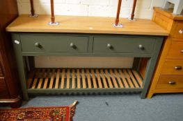 A modern painted and polished oak two-tier two drawer side table or dresser base.
