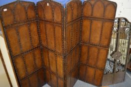 A brass studded leather cloth upholstered four-fold dressing screen.