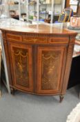 Edwards & Roberts, a good marquetry inlaid mahogany corner cabinet with a single frieze drawer above
