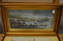 A view of a coastline with fisherman unloading, oil on board.