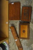 Three Eastern wooden boxes and handmade yew wood cribbage board.