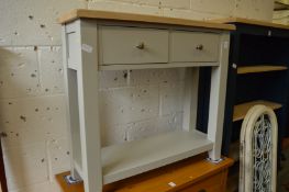 A grey painted and oak top two drawer two-tier side table.