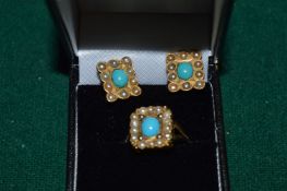 A yellow metal ring set with seed pearls and a turquoise together with a pair of matching ear