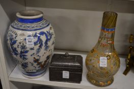 An Islamic pottery vase, a decorative glass hookah base and silver inlaid steel box and cover.