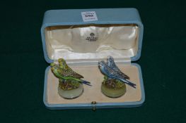 Asprey of London, a pair of budgerigar place name holders in fitted box.