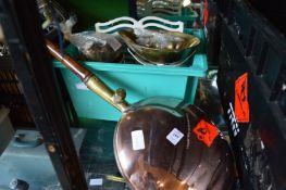 Copper bed warming pan, kitchen scales and a cast iron book stand.