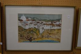 Holiday makers in a bay, watercolour and coloured pencils.