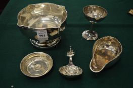 A group of small silver items to include pedestal bowl, a pap boat etc.