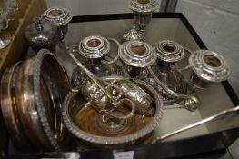 A group of plated items and a silver salt cellar.