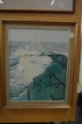 Peter Knox, waves crashing over the bow of a tanker, oil on canvas.
