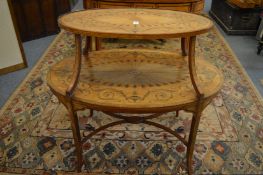 Edwards & Roberts, a very good marquetry inlaid satinwood two-tier etagere, paper label to the