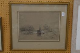 Attributed to Henry Bright, dredger on a broadland river, charcoal heightened with white.