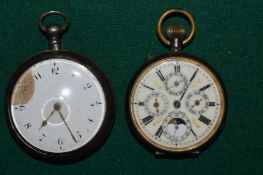 A silver pair cased pocket watch and a steel chronograph style pocket watch with moon face