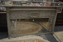 Decorative grey painted over-mantel mirror.