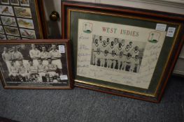 Photographic print of the West Indies Cricket team with facsimile signatures and another print.