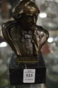 A cast metal bust of Shakespeare on a marble base.