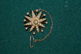 A 15ct gold and seed pearl star shaped brooch.