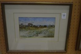 L Russell Conway, landscape with distant buildings and hills, watercolour.