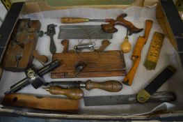 A collection of wood working tools etc to include an ebony mortice gauge.