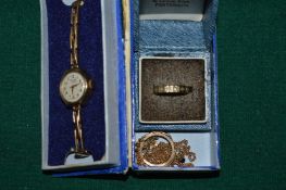 A ladies 9ct gold wristwatch and other jewellery.