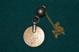 A coin shaped pendant and chain.
