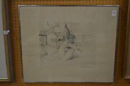 Bernard Dunstan, interior scene with seated figure, print.