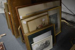 Various prints, embroidered pictures and a mirror.