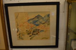 Leslie Hurry, rocky mountainous river scene, watercolour.