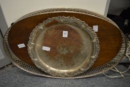 A large silver plated and wooden gallery tray and another tray.