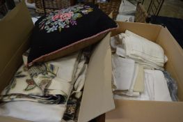 Quantity of curtains, linen and a cushion.