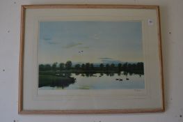 Sir Peter Scott, sunset from the artists window, colour print.