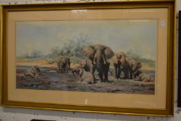 David Shepherd, elephants at a watering hole, colour print.