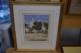 L Russell Conway, figures standing beside a Dutch cape style house, watercolour.