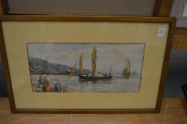 Fisherman in a coastal landscape, colour print.