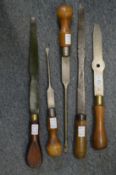 A collection of five large carpenters screw drivers, two by W Marples of Sheffield another dated