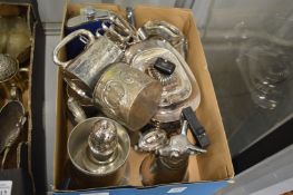 A group of plated items to include a fox head stirrup cup, pair of Mappin and Webb toast racks etc.