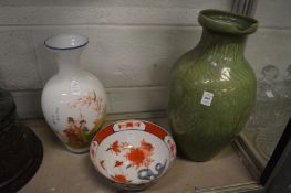 A large Chinese vase, a Chinese glass vase and an Imari bowl.