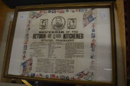 A souvenir of the return of Lord Kitchener, framed and glazed and other items.