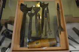 A Prestons box wood and brass tool holder with a collection of centre bits.