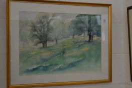 Wooded hillside landscape, watercolour.