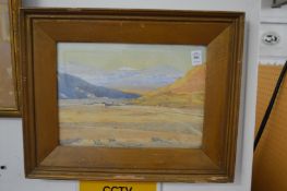 Price King, landscape with snow capped mountains, watercolour, signed.
