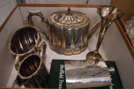 Three piece plated tea set, a silver bud vase and a hip flask.