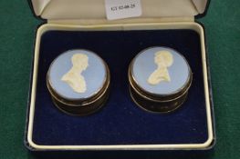 A pair of silver and jasperware Royal Commemorative pill boxes, cased.