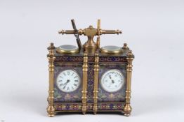 A DOUBLE CLOISONNE CARRIAGE CLOCK AND BAROMETER WITH HANDLE. 5ins high.