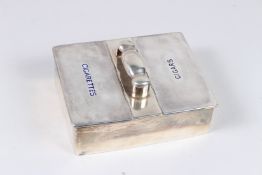 A SILVER DOUBLE CIGAR AND CIGARETTE BOX. Cigars and cigarettes in blue enamel, with carrying handle.