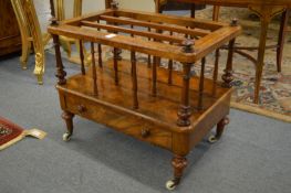 A GOOD VICTORIAN FIGURED WALNUT SINGLE DRAWER CANTERBURY.