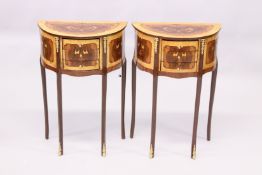 A PAIR OF FRENCH STYLE MARQUETRY AND ORMOLU THREE DRAWER DEMI-LUNE BEDSIDE TABLES. 2ft 3ins high.
