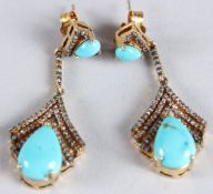 A PAIR OF ART DECO STYLE SILVER GILT LONG DROP EARRINGS set with turquoise and diamonds, boxed.