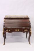 A LARGE FRENCH STYLE MAHOGANY AND ORMOLU TAMBOUR ROLL-TOP DESK, with three drawers on curving